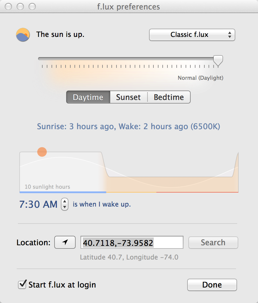 Screen showing f.lux's amber color profile applied at night