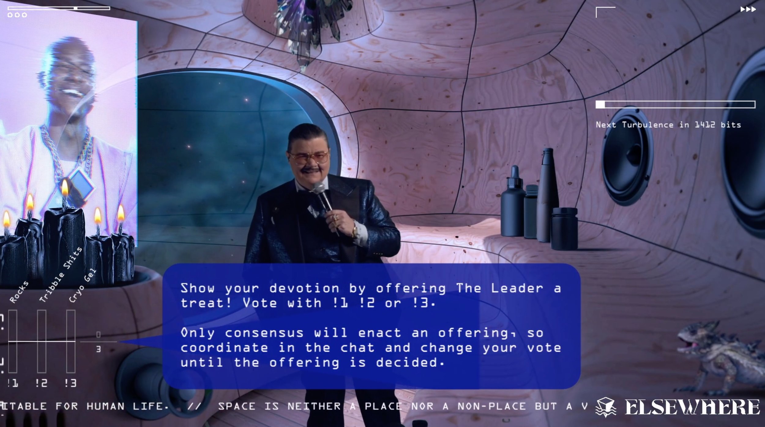  Onscreen tool tip tutorializing the offering mechanism. These kind of tips were crucial to bringing the audience along with the operation of the various interfaces around the show without requiring the Leader to break the fourth wall and confront the interaction mechanism in a way that didn’t feel funny or fun.  