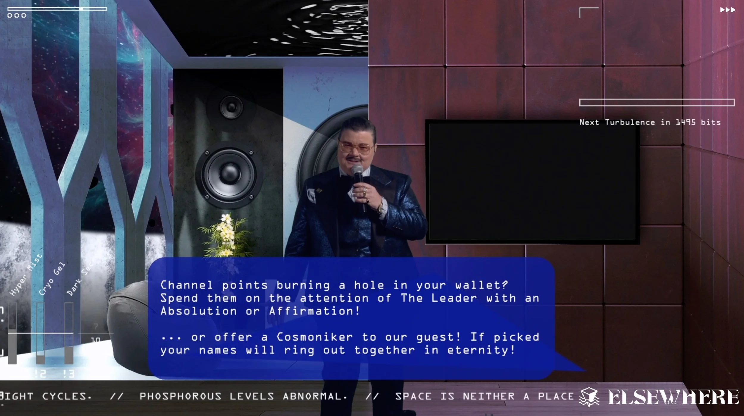  In addition to verbal exposition from the host and reminders from the moderators in the chat, occasional onscreen tips would guide users to purchase Absolutions and Affirmations. 